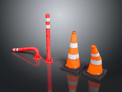 Orange Traffic Cones With White Stripes Curved Red Barrier And Red Bollards On Black Bases 3d model
