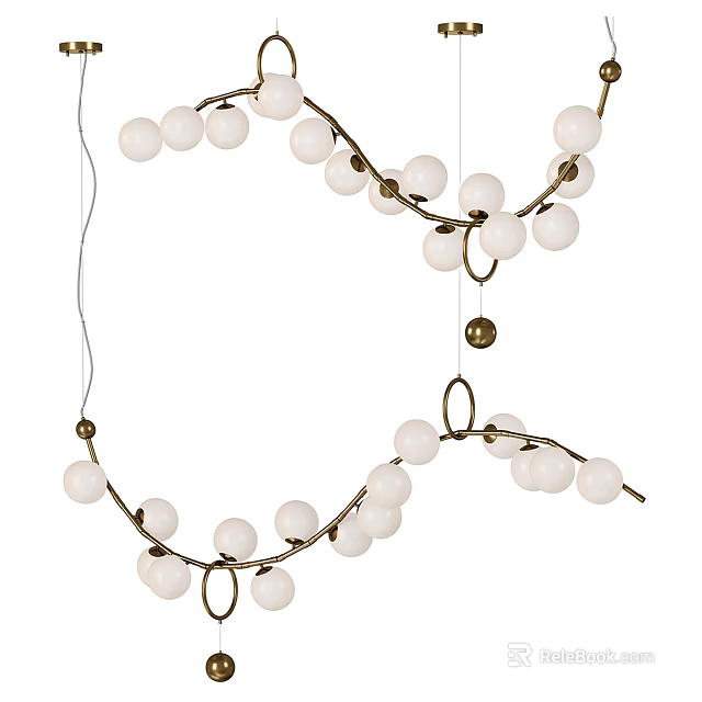 Modern Brass Chandelier with White Globe Lights and Branching Design for Living Room 3d model 