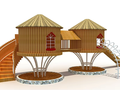Outdoor Wooden Treehouse Playground Equipment With Staircase And Slide For Kids 3d model