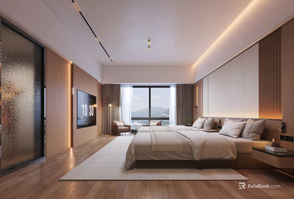 Hotel Guest Room Modern Interior With Wooden Elements Large Window TV And Comfortable Bed 3d model 