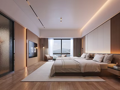 Hotel Guest Room Modern Interior With Wooden Elements Large Window TV And Comfortable Bed 3d model