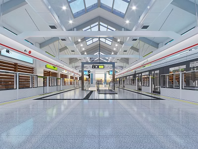 Modern Train Station Platform With Glass Skylights Spacious Design And Gray Marble Floor 3d model