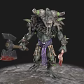 Dark Fantasy Game Movie Character With Horned Head Green Glowing Axe And Bone Decorations