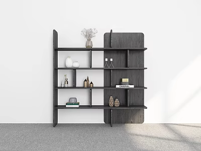 Modern Minimalist Shelving Unit Against White Wall With Gray Floor And Decorative Items 3d model