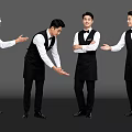 Group of Male Waiters in Black Vests and White Shirts With Various Serving Poses
