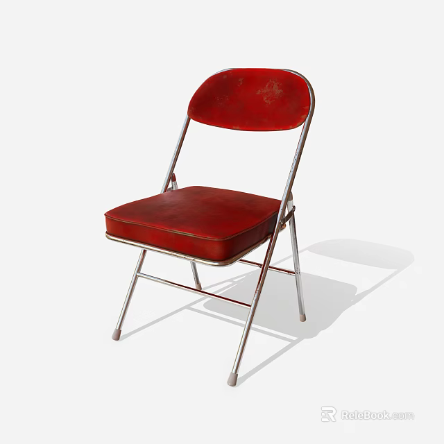 Red Folding Dining Chair With Metal Frame And Leather Seat Backrest 3d model 