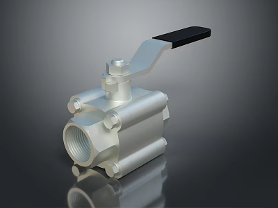 Silver Ball Valve With Black Handle On Dark Reflective Background Surface 3d model