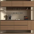 Modern Wooden Sideboard With Upper Cabinets Open Shelves Glassware And Coffee Machine