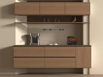 Modern Wooden Sideboard With Upper Cabinets Open Shelves Glassware And Coffee Machine 3d model