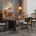 Modern Walnut Dining Table Set With Wicker Chairs Wooden Cabinet And Potted Plant