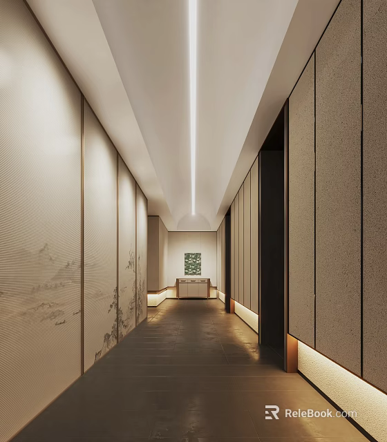 Modern Hotel Corridor Interior Design With Elegant Lighting Textured Walls And Artwork 3d model 