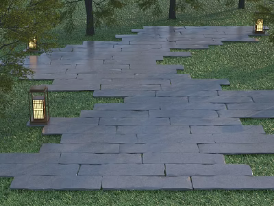 Natural Stone Stepping Path In Grassy Garden With Lit Outdoor Lanterns 3d model