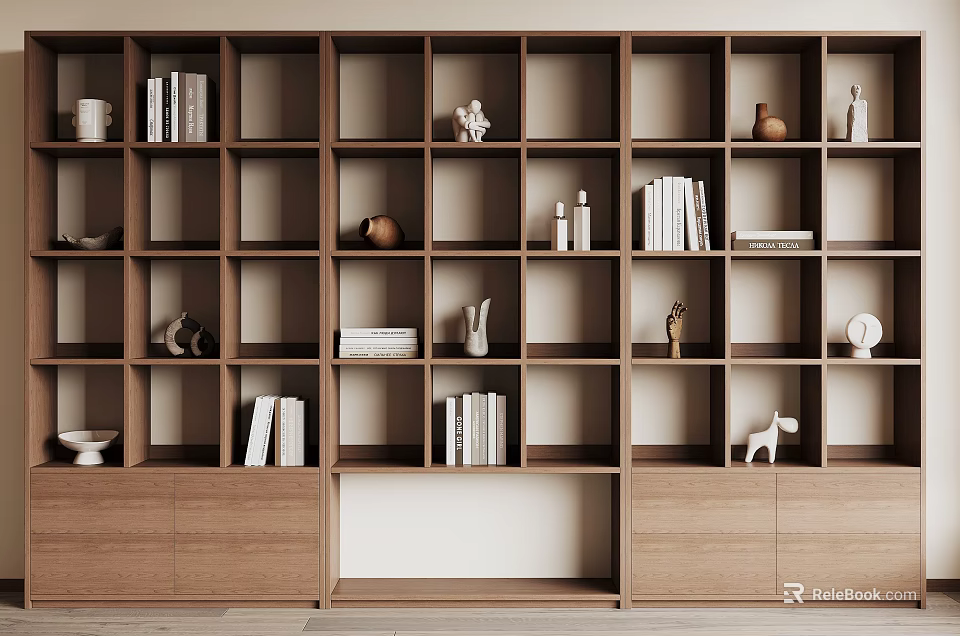 Wooden Bookcase Featuring Multiple Compartments Books Small Sculptures Vases And Bottom Storage 3d model 