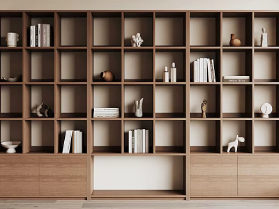 Wooden Bookcase Featuring Multiple Compartments Books Small Sculptures Vases And Bottom Storage 3d model