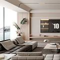 Modern Living Room With Large Screen TV Sofas Coffee Table Plant Floor Lamp And Bookshelf
