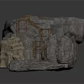 Realistic 3D Rock Formation With Wooden Bridge Planks And Platform Structure