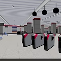 Modern Station Interior With Automatic Turnstiles Green Arrow Signs White Ceiling Columns And Blue Seats