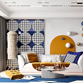 Modern Living Room Interior With White Sofa Blue Chair Geometric Wall Decor And Area Rug