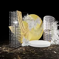 Elegant Floral Art Display Featuring Yellow Circular Backdrop White Florals Crystal Chandelier and Marble Base