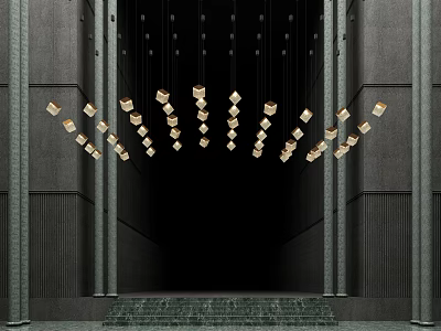 Cube Shaped Pendant Lights Hanging In Dark Background Space With Dark Pillars And Steps 3d model