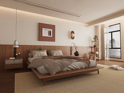 Hotel Guest Room With Wooden Headboard Bed Pillows Comforter Nightstand Table Lamp Decorative Painting Window 3d model