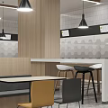 Modern Cafeteria Interior With Wooden Panels Hanging Pendant Lights And Colorful Chairs
