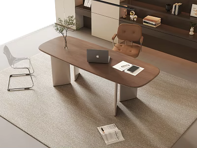 Modern Office Space With Wooden Table Laptop Documents Chair Rug And Bookshelf Decorations 3d model