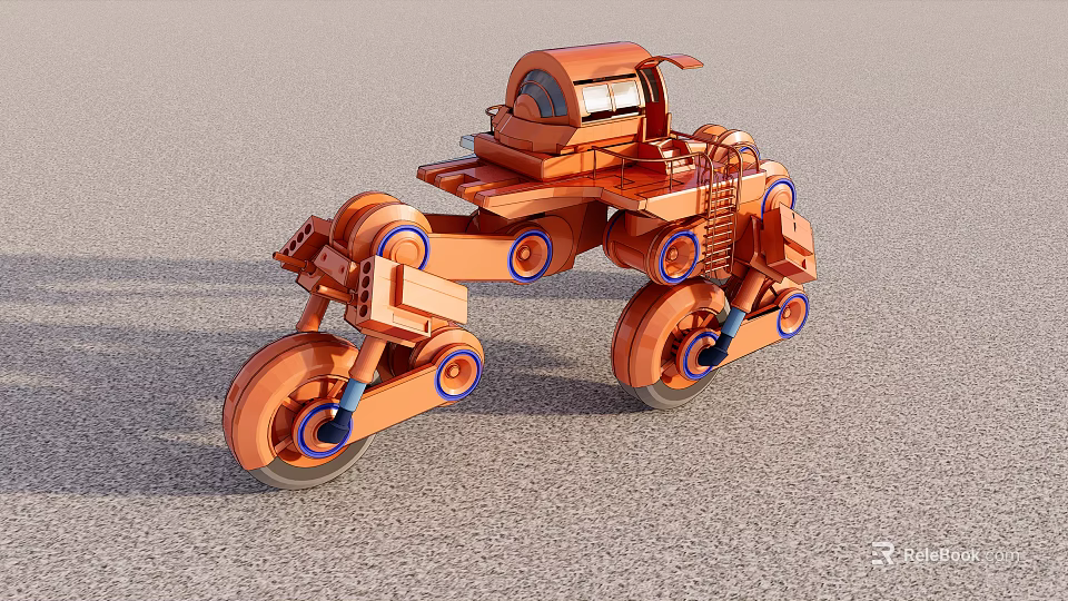 Orange Sci Fi Mechanical Vehicle With Multiple Wheels Intricate Design And Small Cockpit 3d model 