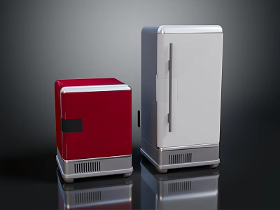 Red Compact Freezer and White Upright Refrigerator with Modern Sleek Design on Black Surface 3d model