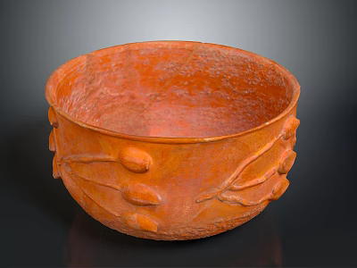 Carved Ceramic Bowl Sculpture With Orange Glaze And Leaf Fruit Decorations 3d model