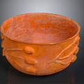 Carved Ceramic Bowl Sculpture With Orange Glaze And Leaf Fruit Decorations