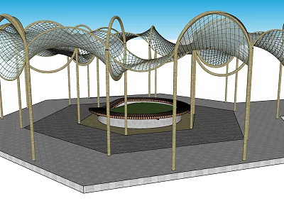 Modern Curved Pergola With Netted Top And Circular Paved Floor Area 3d model
