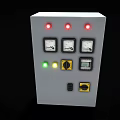 Gray Electrical Control Panel With Red Green Indicator Lights Meters Yellow Knobs And Black Buttons