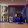 ROG Themed Gaming Room Setup With Computer Desk Display Shelf And Collectibles