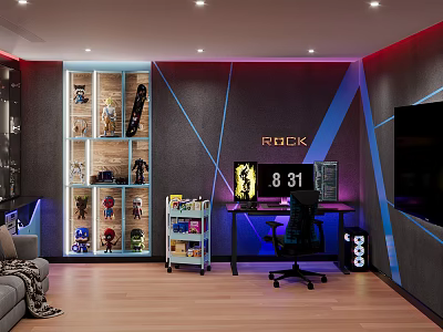 ROG Themed Gaming Room Setup With Computer Desk Display Shelf And Collectibles 3d model