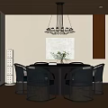 Elegant Modern Dining Room with Round Table Black Rattan Chairs Pendant Light and Herringbone Floor