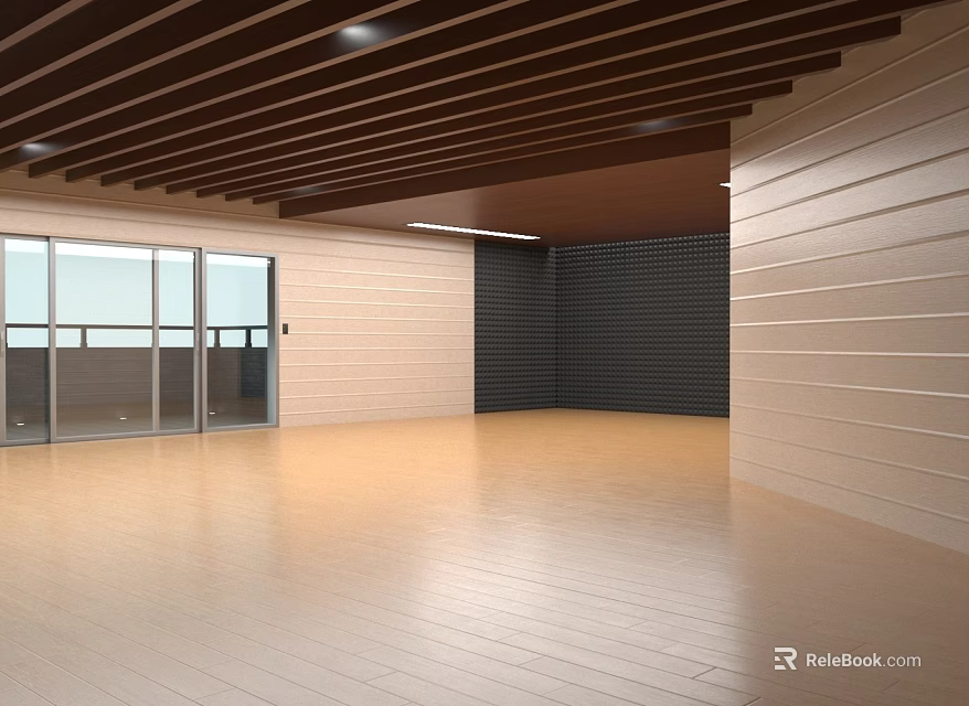 Home Theater Room With Wooden Slatted Ceiling Light Dark Tiled Walls And Glass Doors 3d model 