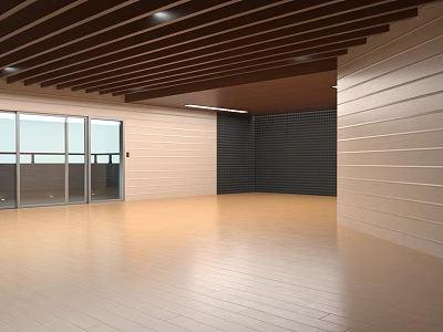 Home Theater Room With Wooden Slatted Ceiling Light Dark Tiled Walls And Glass Doors 3d model