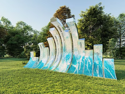 Outdoor Art Installation With Curved Blue White Structures In Grass Field And Trees 3d model