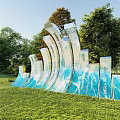 Outdoor Art Installation With Curved Blue White Structures In Grass Field And Trees