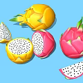 Yellow and Pink Dragon Fruit Whole and Sliced with Black Seeds on Blue Background
