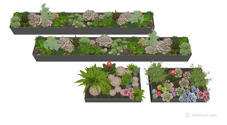 Bonsai Potted Plants With Various Succulents Green Plants And Colorful Flowers In Rectangular Planters 3d model 