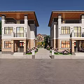 Twin Modern Detached Villas Exterior With Large Windows And Evening Lighting