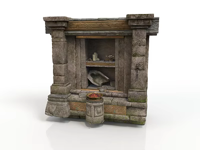 Carved Stone Sculpture with Decorative Niche and Ornate Vessel on Base 3d model