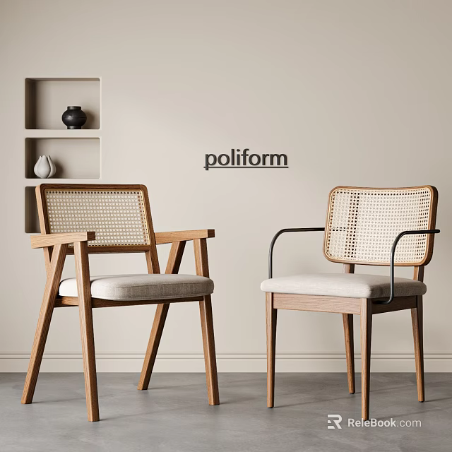 Two Stylish Dining Chairs With Woven Rattan Backrest Wooden Frame And Comfortable Seat Cushion 3d model 