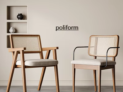 Two Stylish Dining Chairs With Woven Rattan Backrest Wooden Frame And Comfortable Seat Cushion 3d model