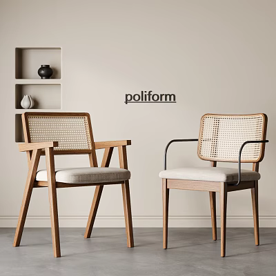 Two Stylish Dining Chairs With Woven Rattan Backrest Wooden Frame And Comfortable Seat Cushion 3d model