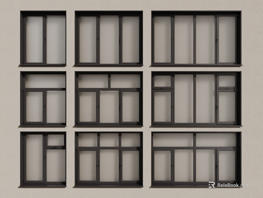 Various Stylish Casement Windows with Black Frames and Different Panel Designs 3d model 
