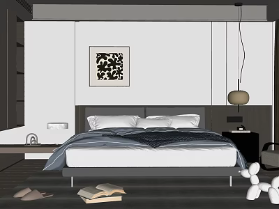Modern Bedroom Interior Design With Bed Nightstand Lamp Decorative Painting And Books On Floor 3d model