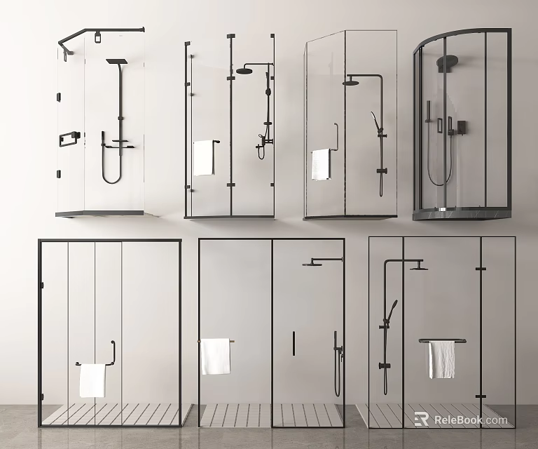Various Modern Shower Fixture Designs With Glass Enclosures And Towel Racks 3d model 